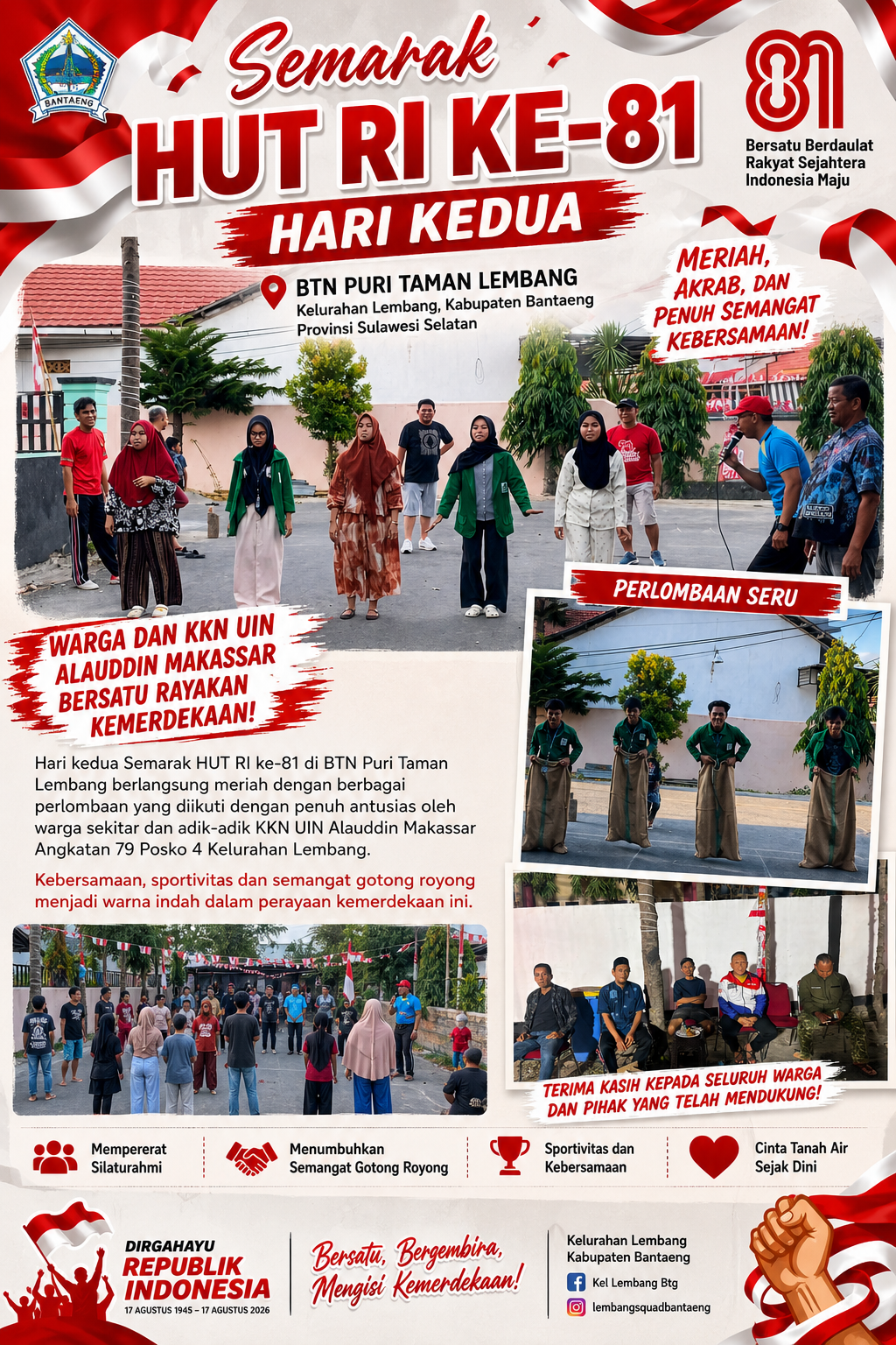 Hari Kedua Semarak HUT RI ke-81 Makin Meriah, KKN UIN Alauddin Makassar Turut Bertanding Bersama Warga BTN Puri Taman Lembang